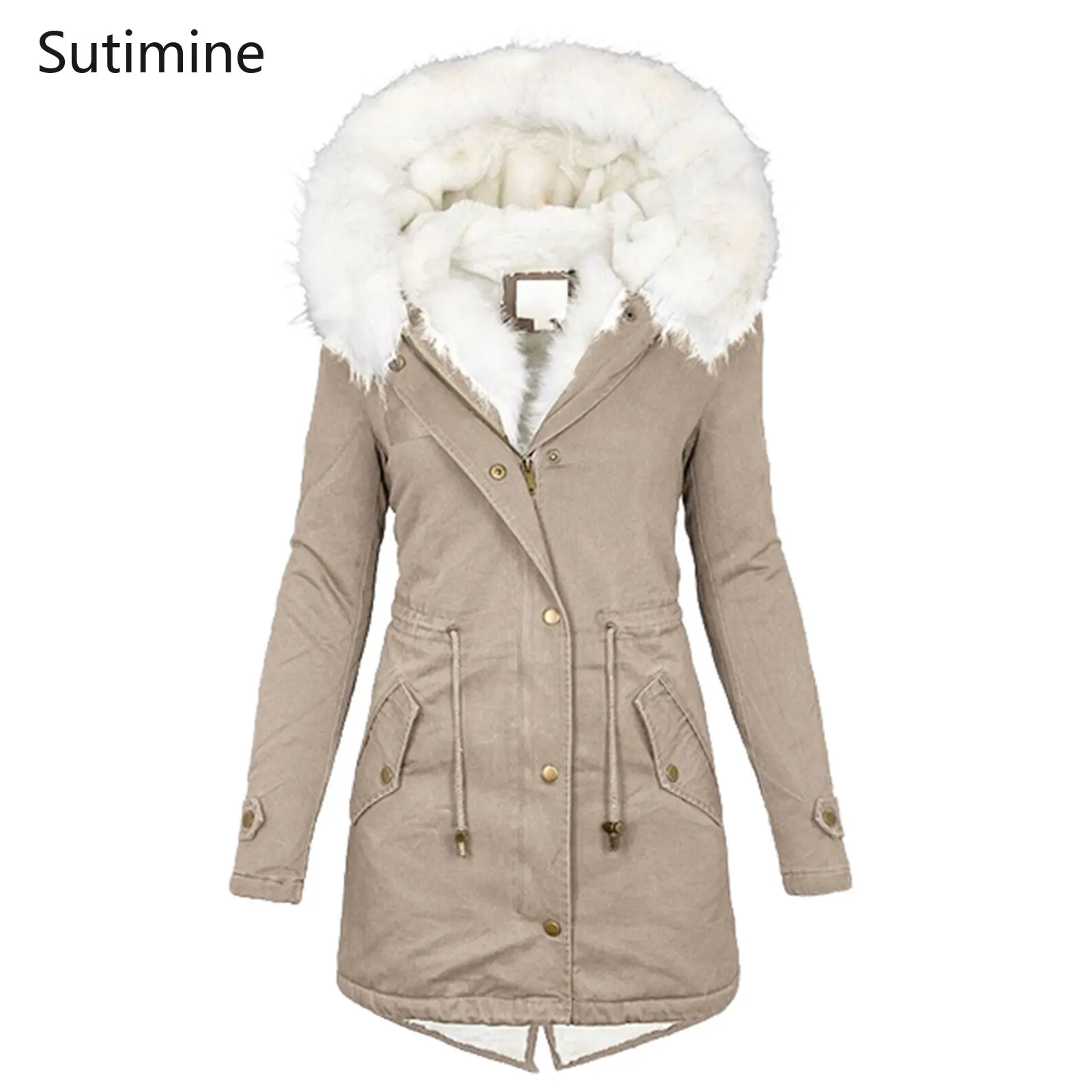 Winter Coat for Women Office Lady Women's Parka Medium Long Windbreaker White Fur Collar Hooded Warm Plush Coat Zipper Coat