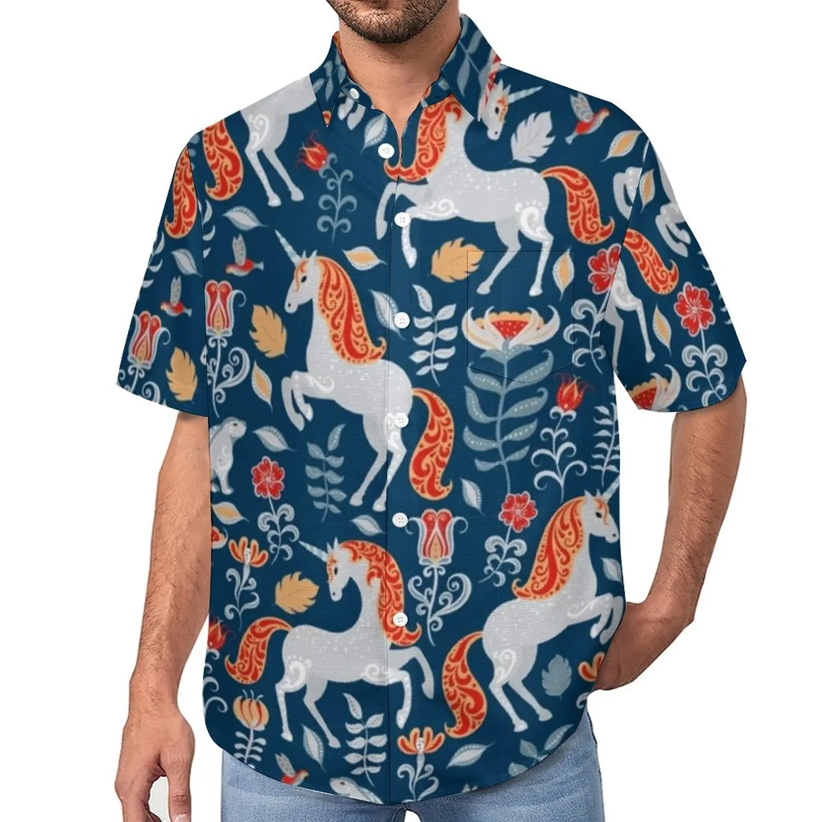 

Unicorn Print Casual Shirts Ethnic Animal Beach Shirt Summer Fashion Blouses Male Print Large Size