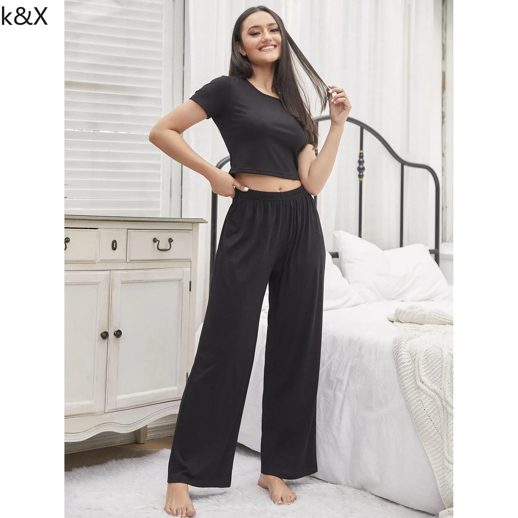 

Women's Pants Suit Two Piece Summer Pijama Set Black Crop Top Nightwear 2 Piece Female Ensemble Lady Pyjamas for Women Pant Sets