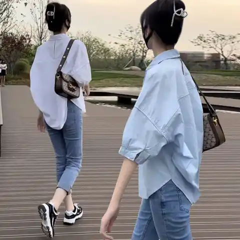 Cotton Mid-sleeve Thin Woman Blous Shir 2023 Summer New Loose Fashion Irregular Shirt Casual Vacation Top Korean Women's Clothes