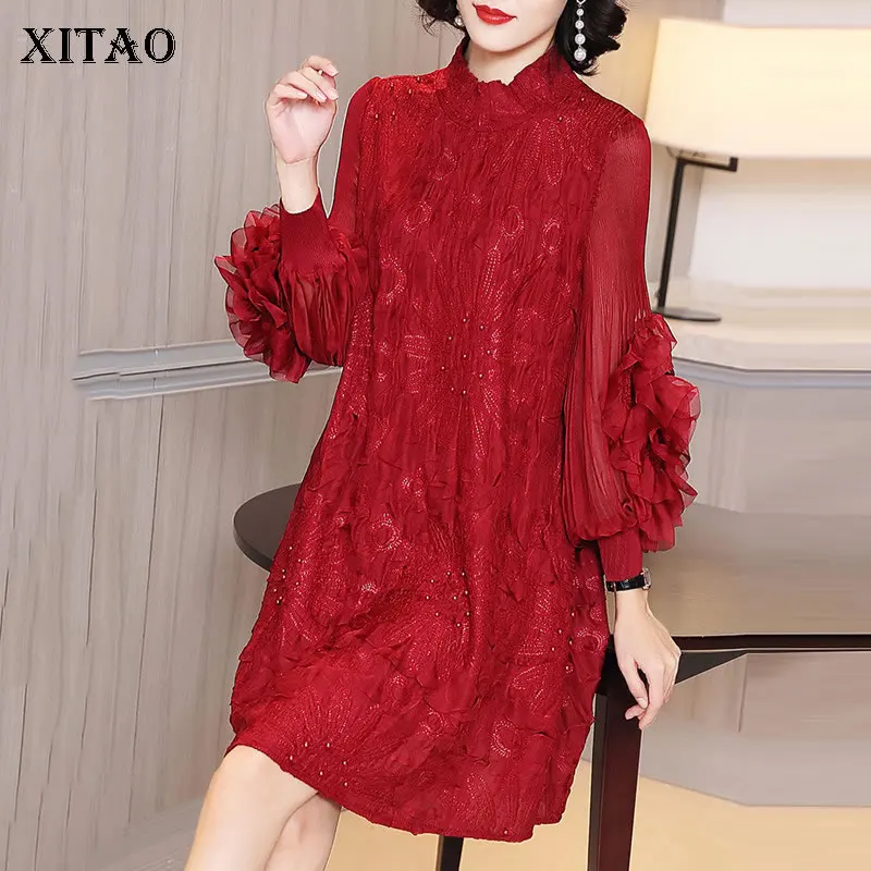 

XITAO, Сетчатое платье с оборками, модное, однотонное, маленький, свежий пуловер, перспектива, богиня, веер, повседневный стиль, свободное плать...