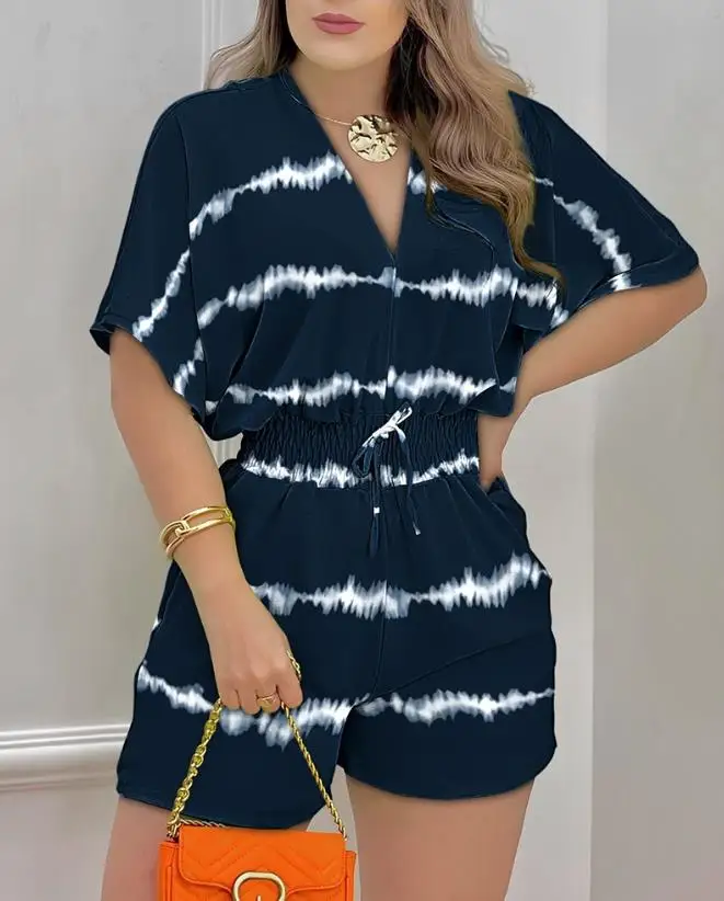 

2023 Summer New Casual Women's Jumpsuit Fashion Commuter Tie Dye Print Drawstring Batwing Sleeves Shirred Romper Ottd
