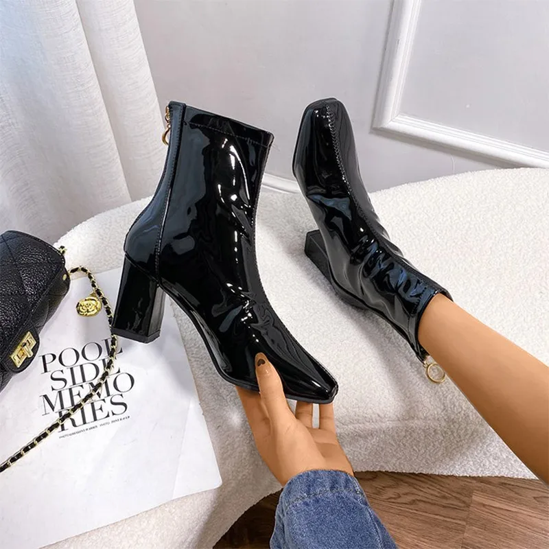2022 New Winter Women Ankle Boots Female Patent Leather Block High Heels Shoes Ladies Soild Square Toe Keep Warm Fashion Booties