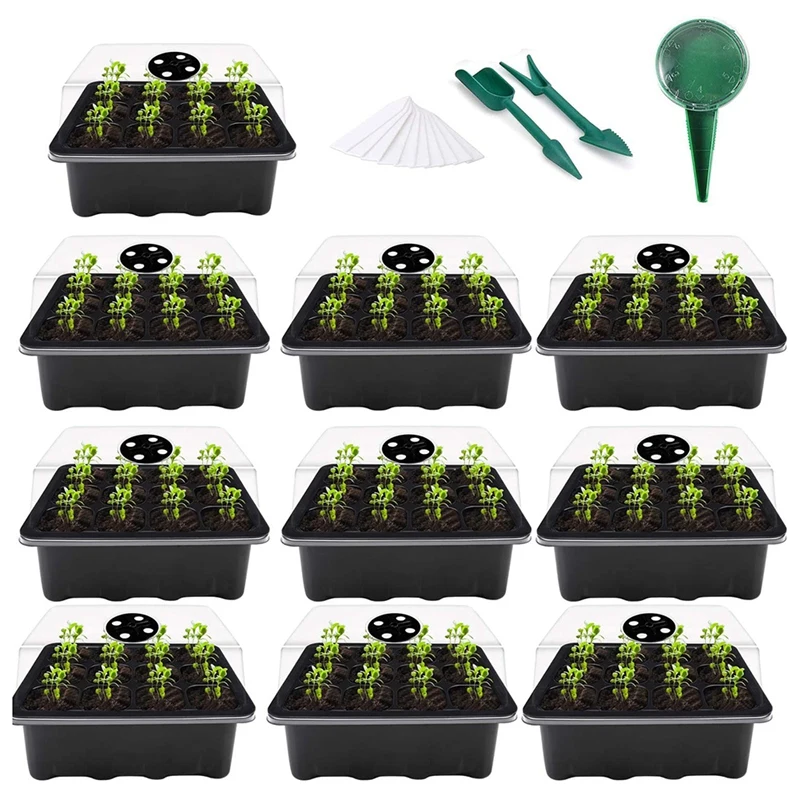 

10 Pack Seed Starter Trays Plant Germination Kits with Humidity Adjustable Dome and Base Include Sowing Seeds Dispenser