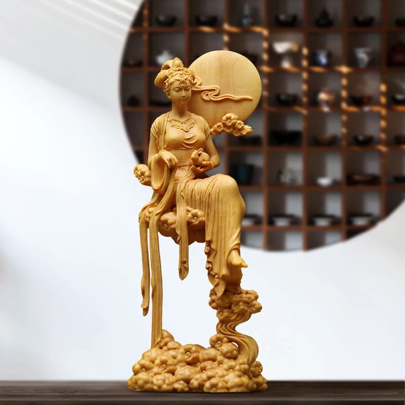 

18cm Chinese Fairy Change Rabbit Moon Mid Autumn Festival Wood Carve Creative Characters Carving Crafts Home Decorations