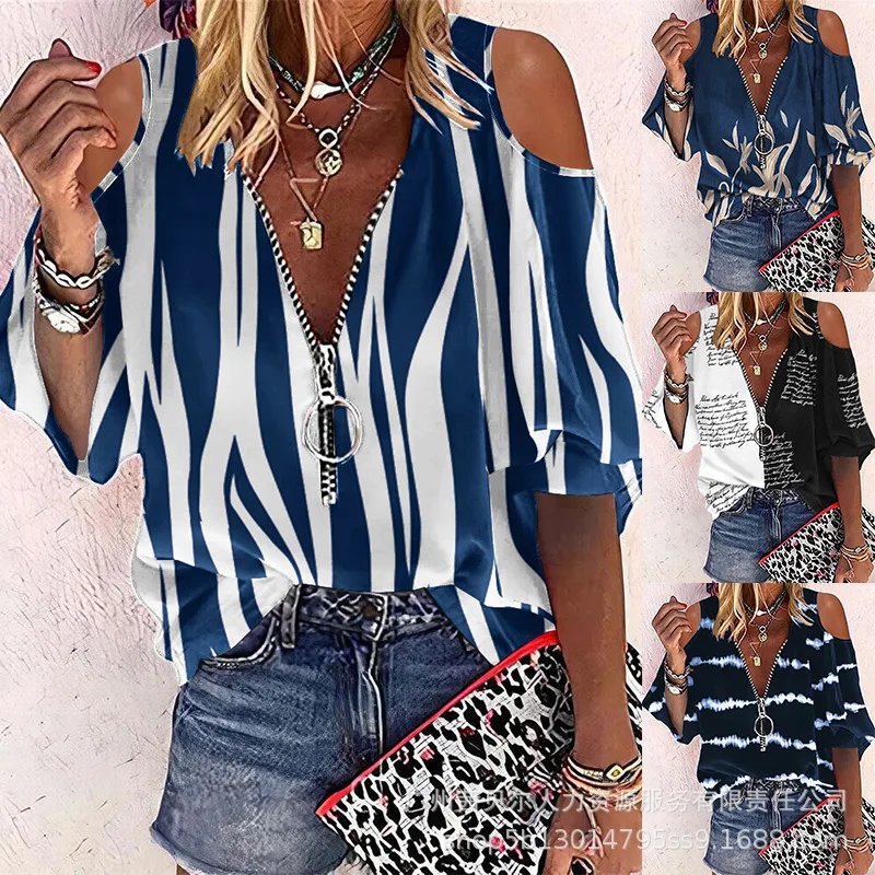 

New 2022 Women's Summer Printed Off-Shoulder V-Neck Zipper Lantern Sleeve Top