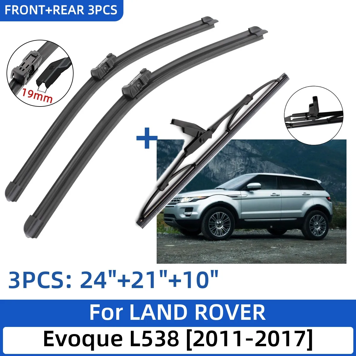 For LAND ROVER Evoque L538 2011-2017 24"+21"+10" Front Rear Wiper Blades Windshield Windscreen Window Cutter Accessories
