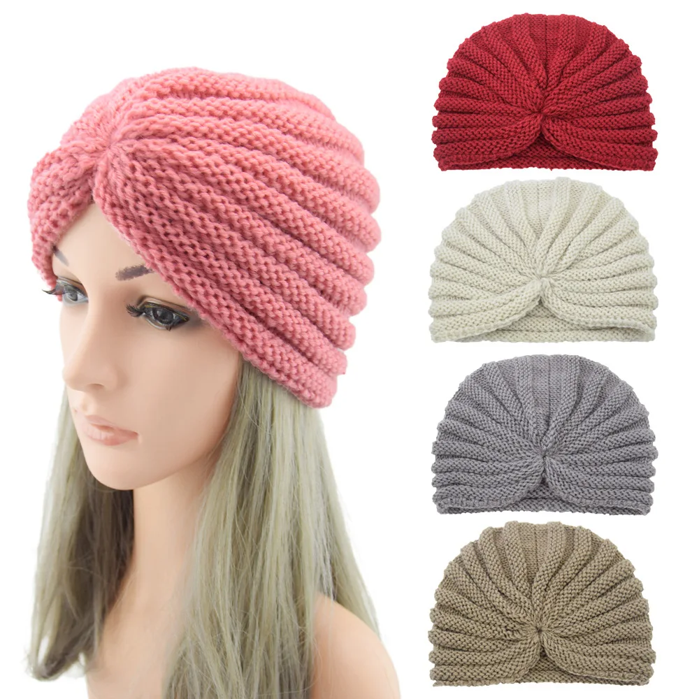 

Women's Knitted Turban Hat Bohemia Muslim Hijab scarf India Hat Wool Bonnet Turbante Cap Turbante Mujer Solid Color Winter Caps