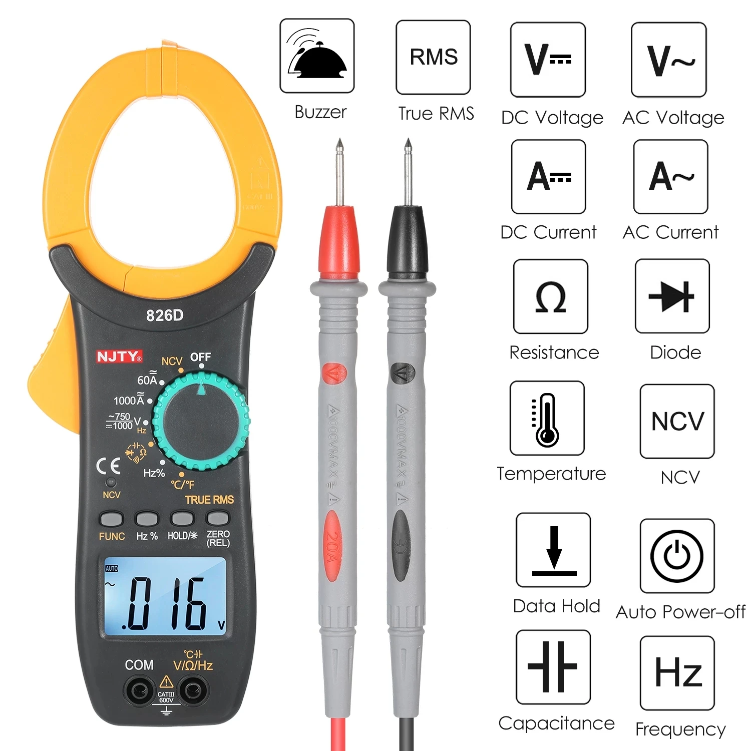 NJTY Digital Clamp Meter DC/AC Current 6000 Counts Multimeter Ammeter Voltage Tester Car Amp Hz Capacitance NCV Ohm Test |