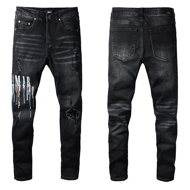 

AMR Jeans Men Trousers Men Fashion High Street Men Black Multicolor Letter Print Best Version Motorcycle Pants Hip Hop Jean Men