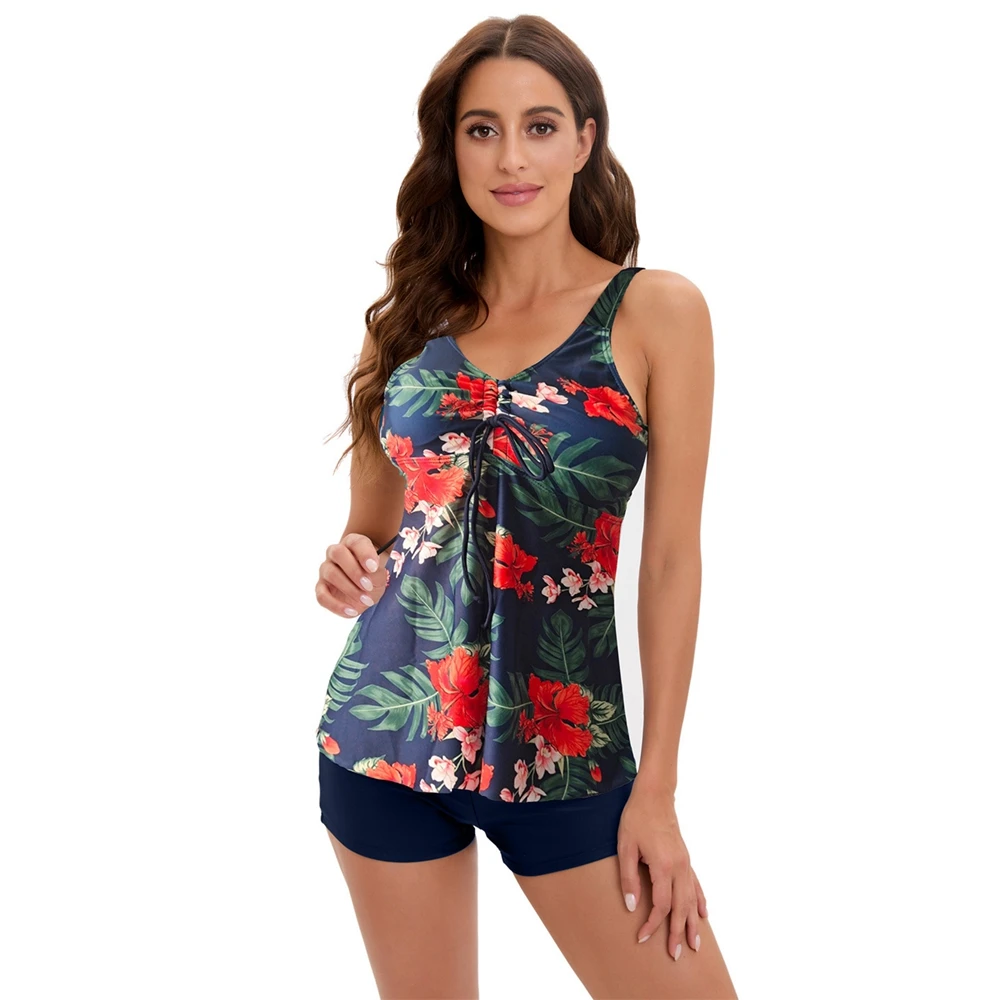 

Two Piece Swimsuit Women Conservative Tankini Set Floral Print Drawstring Camisole With Boyshorts Summer Ruffled Swimwear Bikini