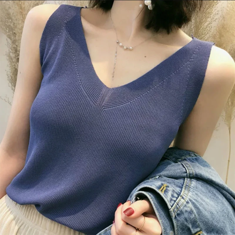 

Майка женская трикотажная с V-образным вырезом, Шелковый топ без рукавов, элегантный повседневный жилет в Корейском стиле, голубая одежда, л...