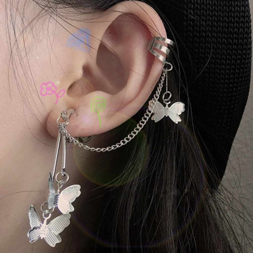 

Fashion Geometric Butterfly Clip Earring For Teens Women Ear Cuffs Cool Jewelry Retro Chain Long Hanging Earings Metal Gift