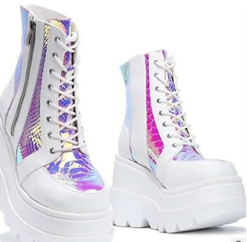 

Amazon's Autumn and Winter New High-top Platform Shoes Women's Color Matching Lace-up Large Size European and Beautiful Shoes