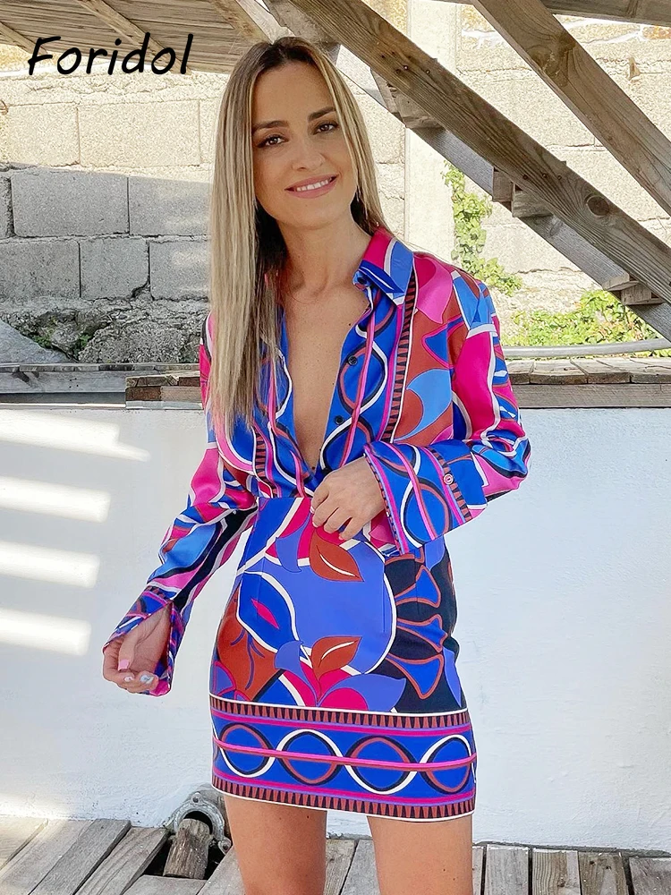 

Geometric Print Boho Oversize Women Spring Summer Streetwear Sets Mujer Fashion Suits Shirt Skirt Dress Sets Button Outfit Satin
