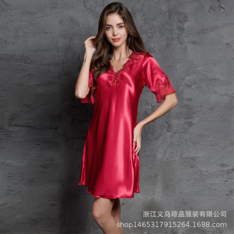 Summer Large Size Imitation Silk Pajamas Dress Ladies Mid-sleeved Elegant Nightdress Short-sleeved Women's Home Clothes Women