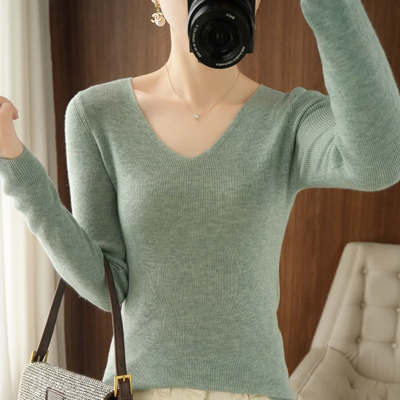 

Женский шерстяной вязаный свитер, кашемировый свитер с длинным рукавом и V-образным вырезом, Облегающие джемперы для женщин на весну и осень