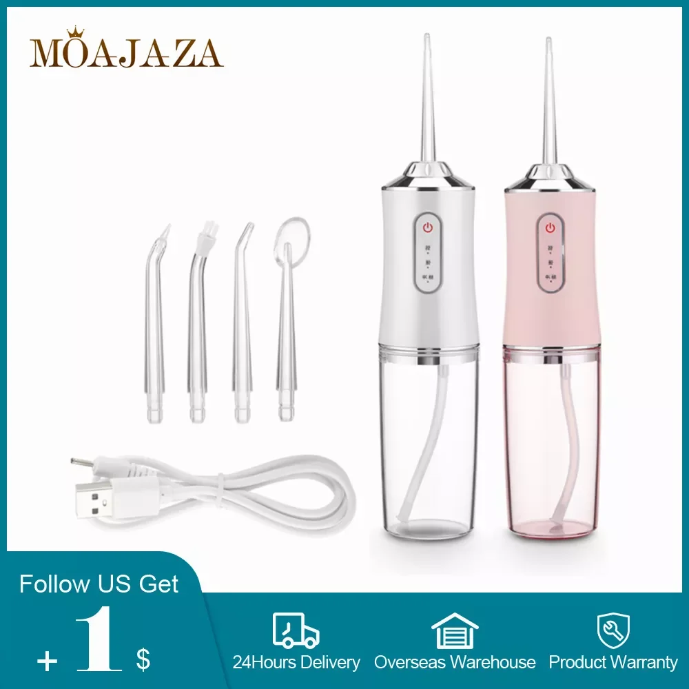 

Irrigator Dental Water Flosser 220ML Water Jet with 4 Nozzle Tartar Remover Teeth Whitening Teeth Cleaner USB Rechargeable