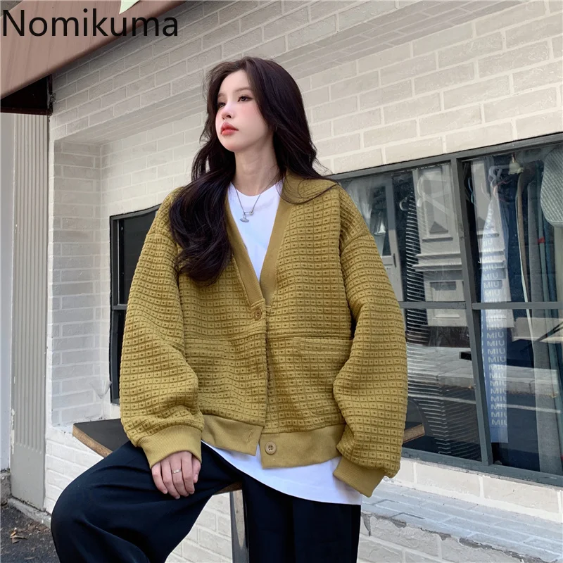 

Nomikuma Jackets for Women 2022 Spring Autumn V Neck Lantern Sleeve Loose Chaqueta Mujer Harajuku Fashion Vintage Veste Femme