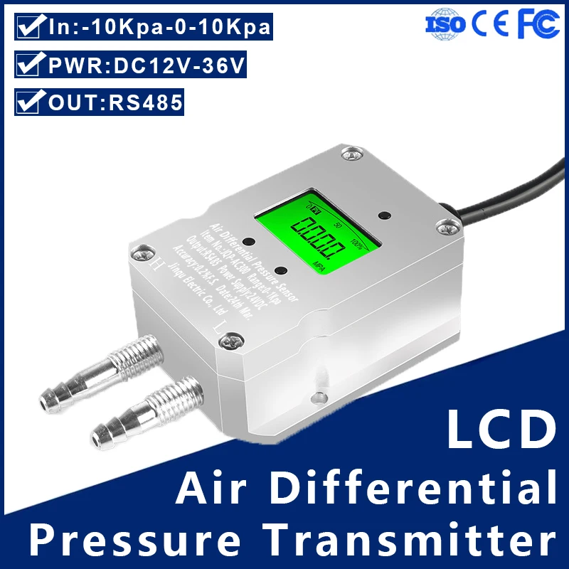 Transmisor de presión diferencial de aire con pantalla LCD, tubería de salida RS485, Sensor de alta presión, Sensor de Gas de viento Alto y Bajo