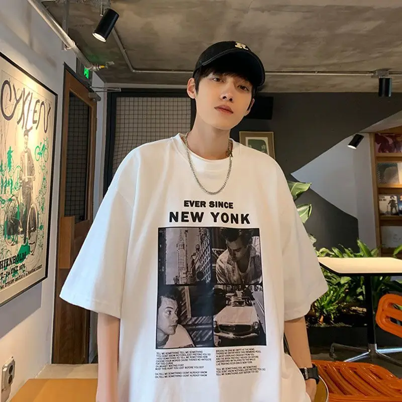 

Футболка мужская с цифровым принтом, свободная повседневная рубашка в стиле хип-хоп, с рукавом до локтя, топ для пар, одежда на лето