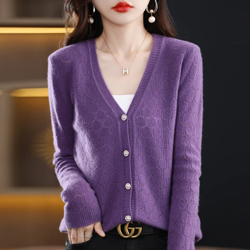 

Women's V-Neck Hollow Out Cardigan 100% Wool Knitted Sweater In Spring Autumn New Stylehigh-Quality Soft Loose Fashion Versatil
