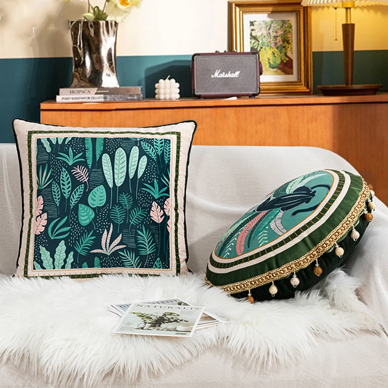 Velvet Cushion Cover 45x45cm Soft Pillow Cover Green Leaves 