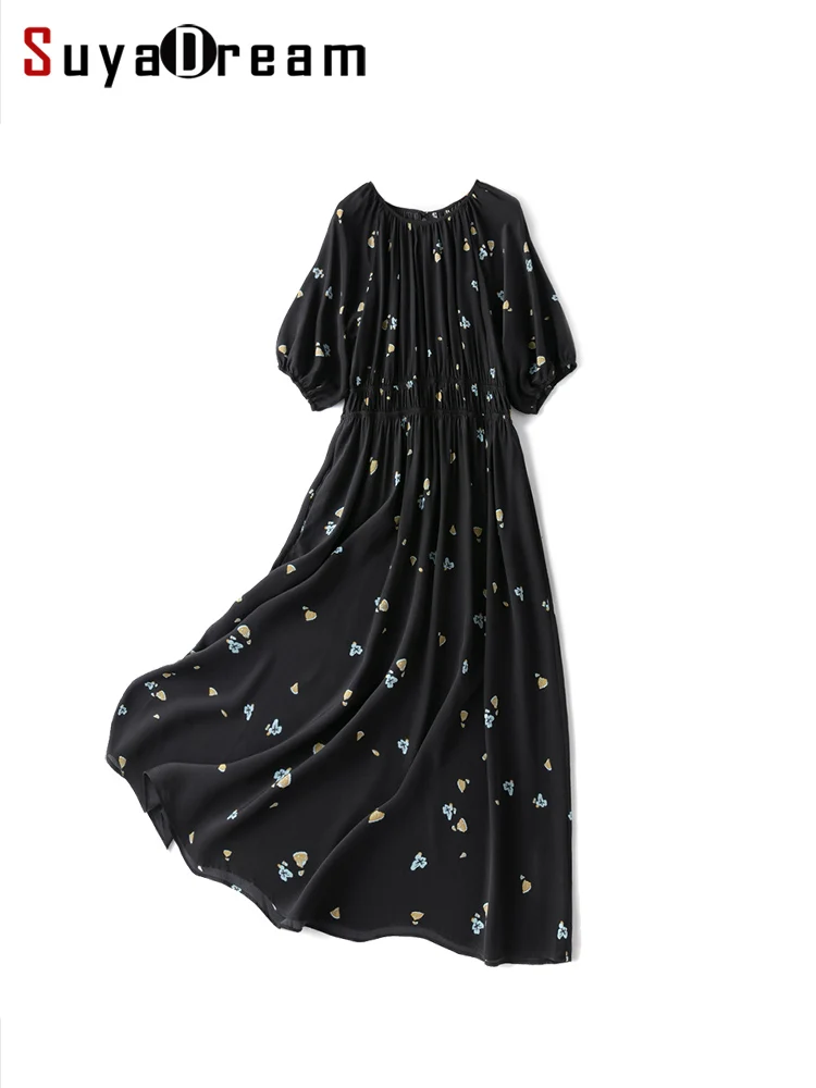 SuyaDream Long Floral Dress for Woman 100%Silk Crepe O Neck Elegant Printed Dresses 2023 Spring Summer Clothes Green Black