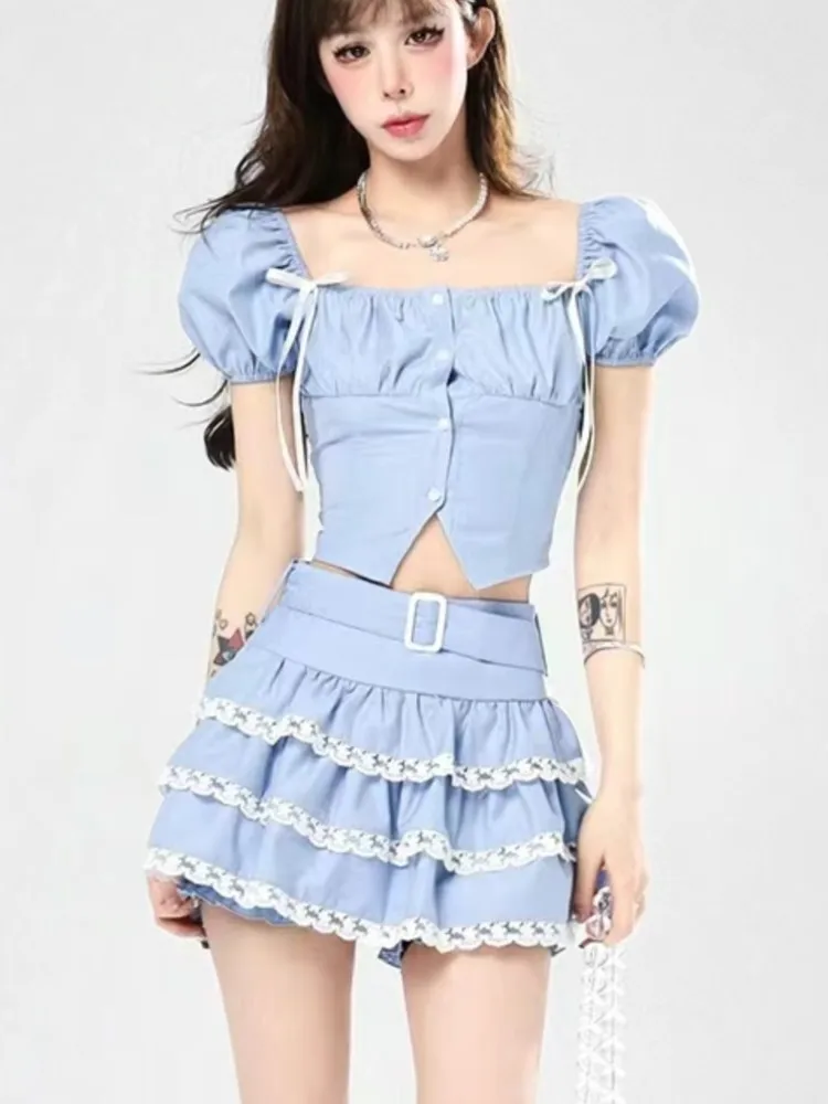 

Женская Повседневная однотонная блузка с коротким рукавом, комплект из 2 предметов, Женская милая Базовая кружевная мини-юбка Y2k, лето 2023, кавайная шикарная одежда