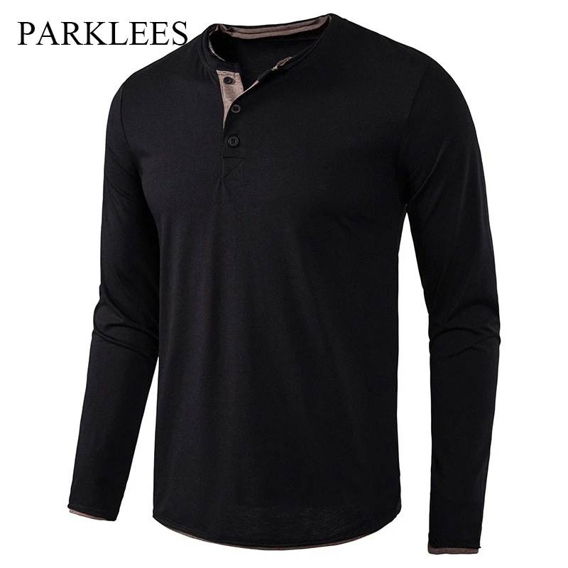 

Parklees Mens Cotton Henley Solid Shirts Casual Long Sleeve Lightweight Athletic Top Workout Slim Fit 3 Buttons Henley Tee Homme