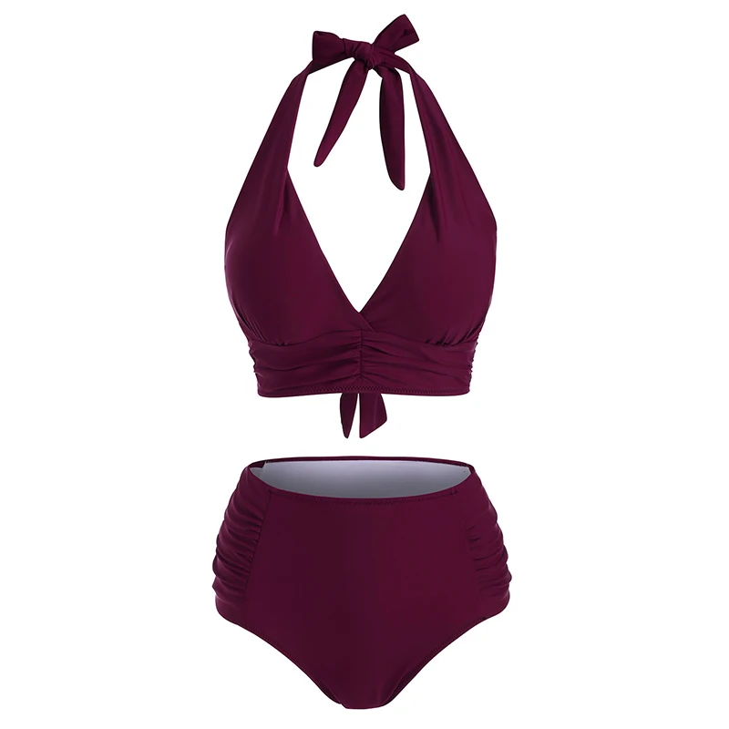 

Ruched Halter High Rise Bikini Swimwear Padded Two Piece Bikinis Set Swimwear Tummy Control Tummy Control Swimsuit