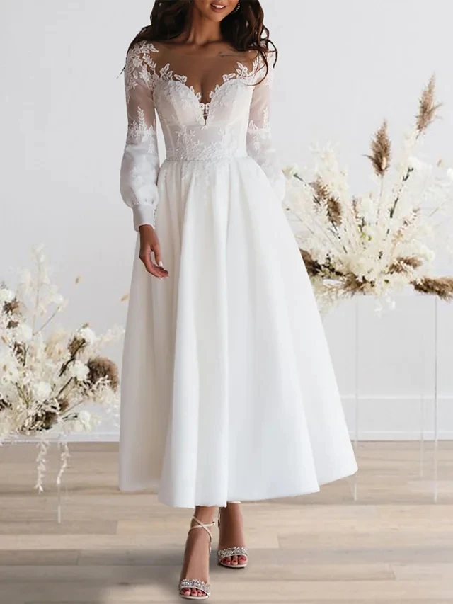 

Женское свадебное платье до щиколотки, элегантное ТРАПЕЦИЕВИДНОЕ ПЛАТЬЕ с длинными рукавами и кружевной аппликацией, индивидуальный пошив
