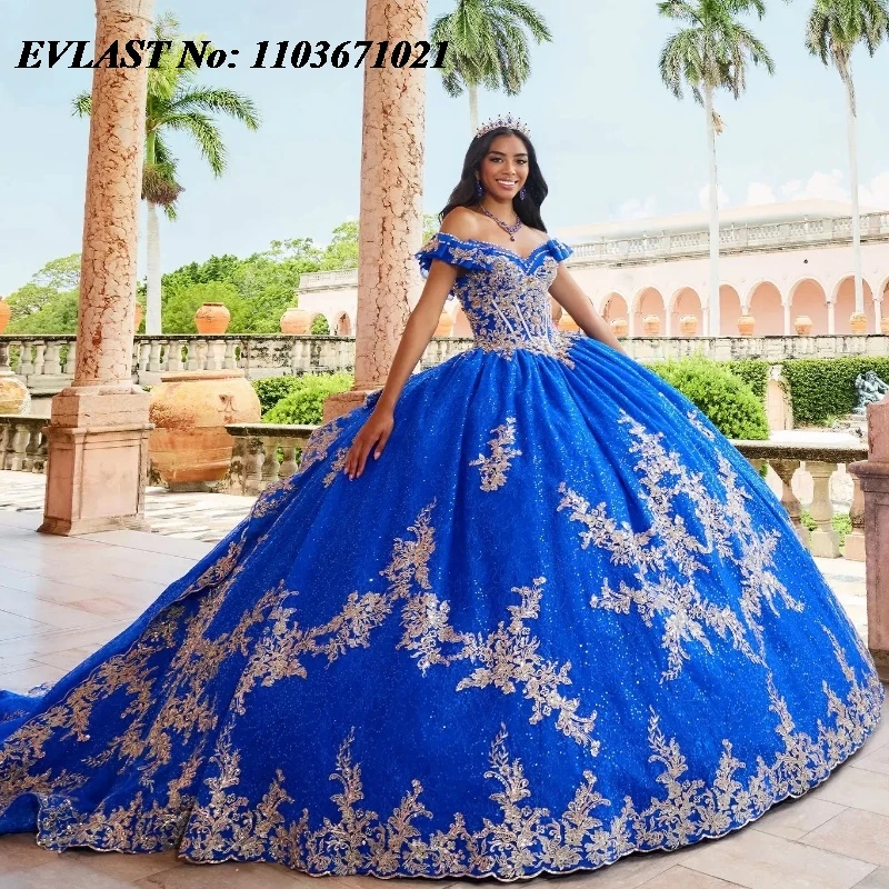 EVLAST принцесса Королевский синий платье Quinceanera с открытыми плечами Золотая