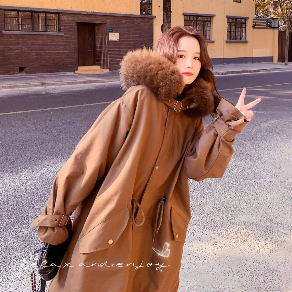 Parker down jacket winter women's wool cotton padded jacket thickened women's fashion hood