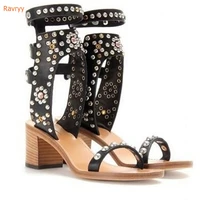 rome style rivet sandals ankle strap pearl high heel gladiator round toe square heel shoes summer newest sandals