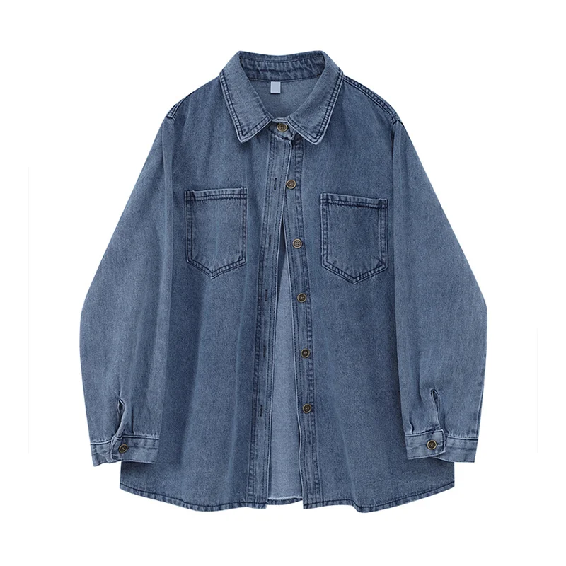 

Blue Denim Women's Shirt Office Lady Blouse Oversize Plus Size Long Sleeve 2022 Spring Korean Fashion Blouses Shirts Female Top
