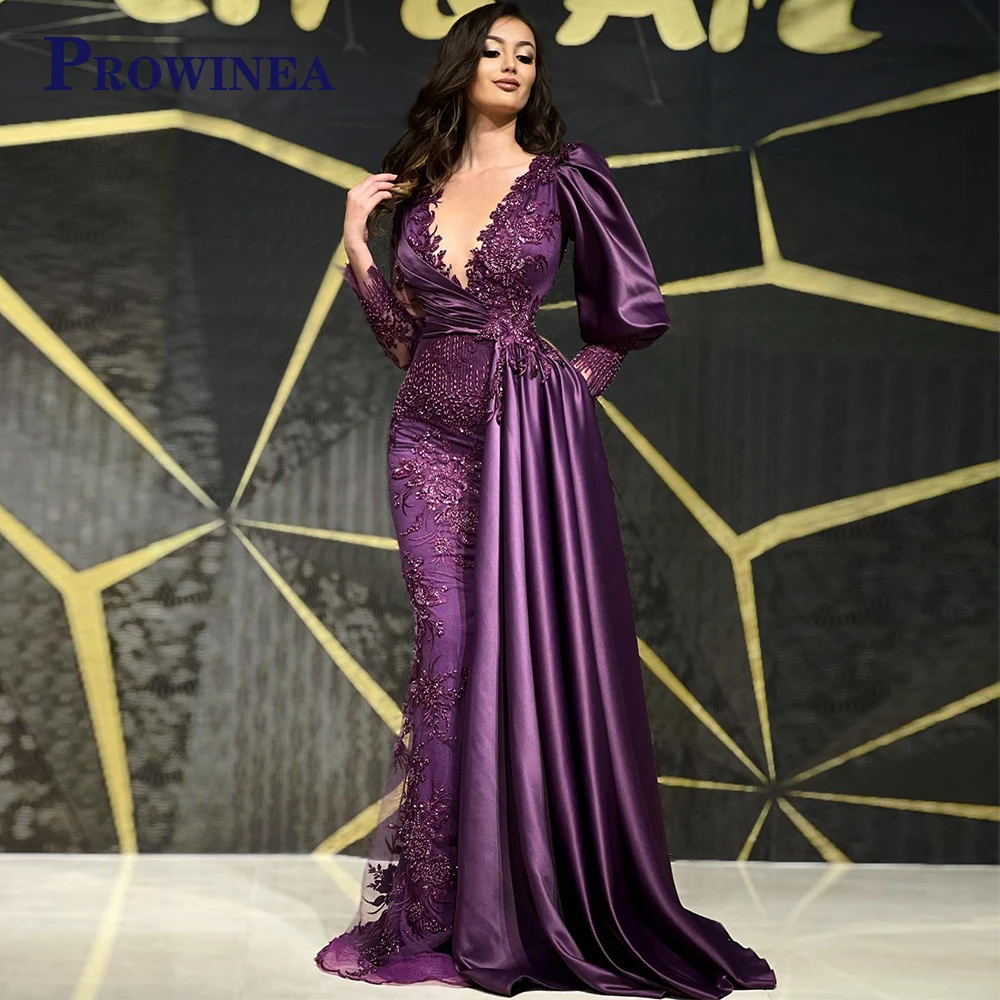 

Prowinea Glamorous Purple Trumpet V-Neck Satin Bling Formal Party Dresses Long Sleeve For Women Floral Print Vestido De Fiesta