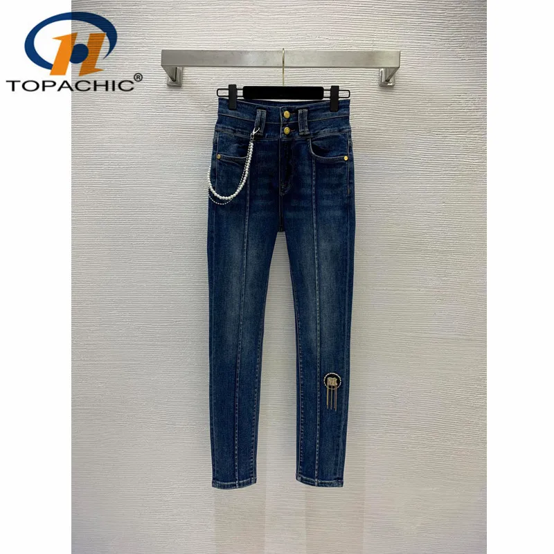 

Женские джинсы-карандаш с Вышивкой Букв, эластичные узкие хлопковые джинсы с высокой талией и жемчужной цепочкой, украшенные кисточками, 11,1