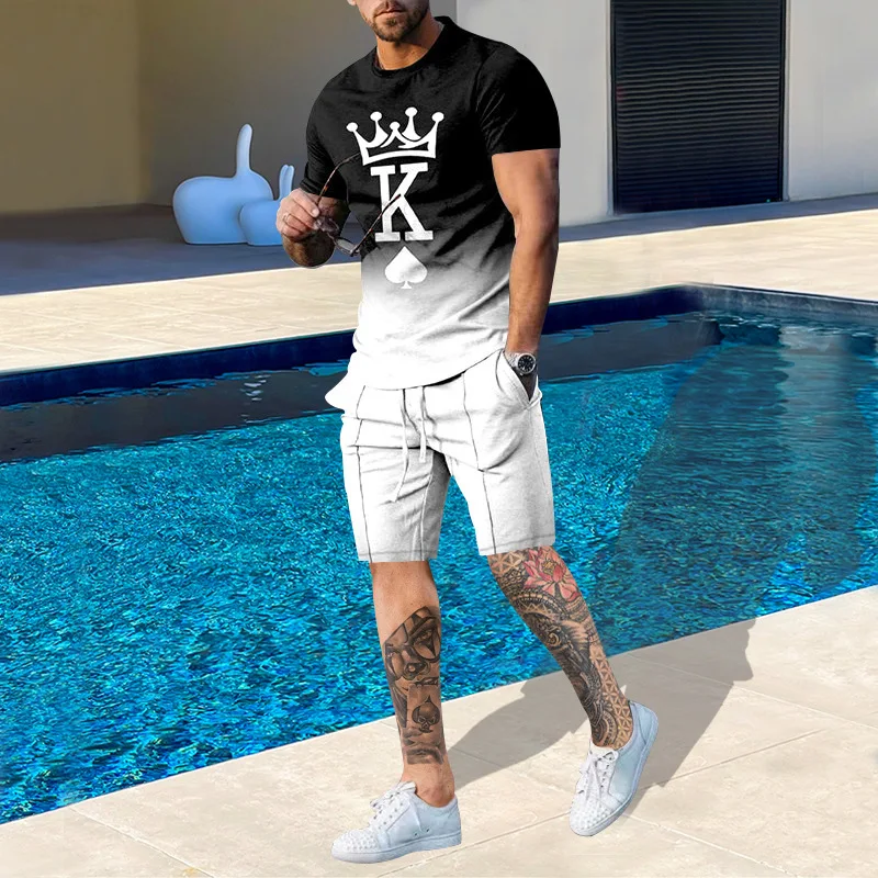 2023 Men's Suit Fashion 3D Printed Street Wear Summer T-shirt Shorts 2-piece Suit Casual Oversized Sports Wear Men's Street Wear