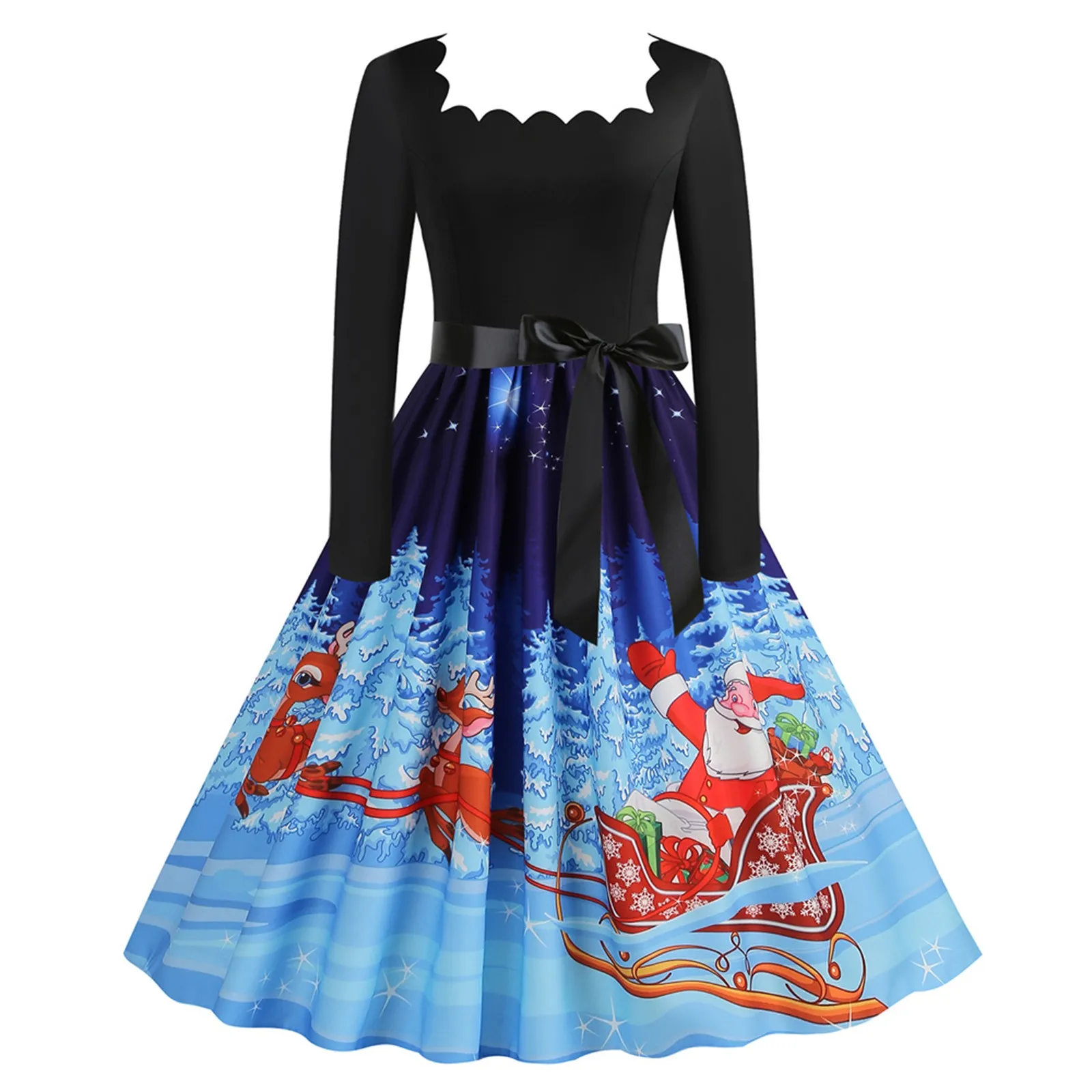 

Christmas Womens Long Sleeve Crew Neck Printed Vintage Party Fit Dress Patchwork Cocktail Christmas Dress Women 2023 Vestido