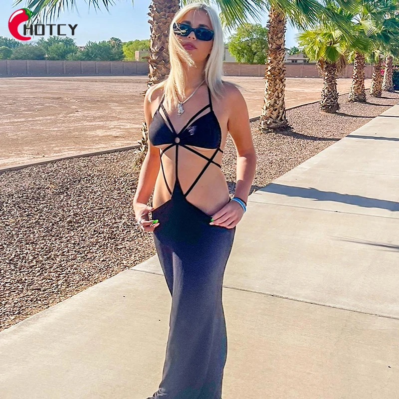 

HOTCY Stylish 2022 Designed Clothes without Sleeve Sexy Chest-Wrap Blackless Bandage Halter Maxi Dress Elegent