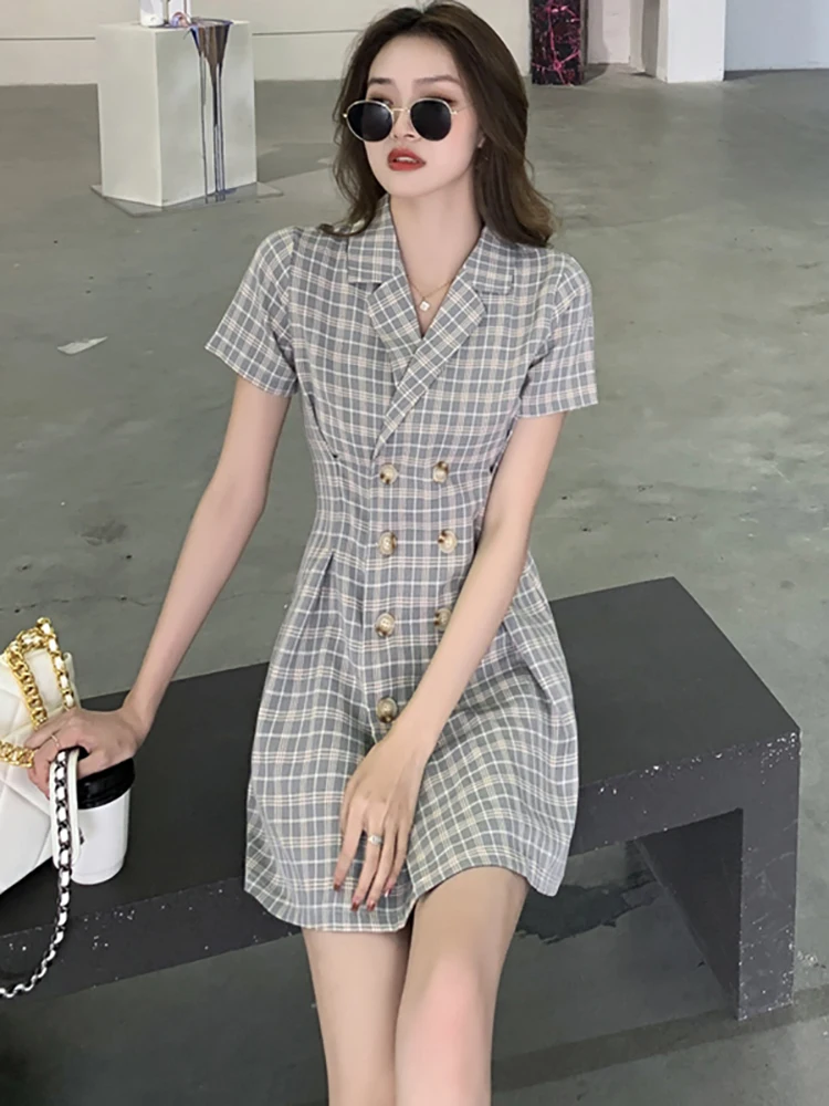 

2022 New Short Sleeve Plaid Mini Suit Dress Women Fashion Elegant Office Lady Dress Summer Korean Vintage Bodycon Casual Dresses