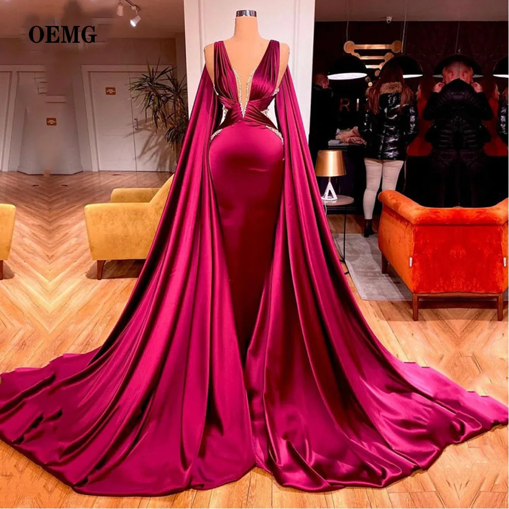 

OEMG Dubai Arabic Women Long Evening Dresses V Neck Long Cape Sleeves Satin Sweep Train Prom Gowns Formal Party Occasion Dress