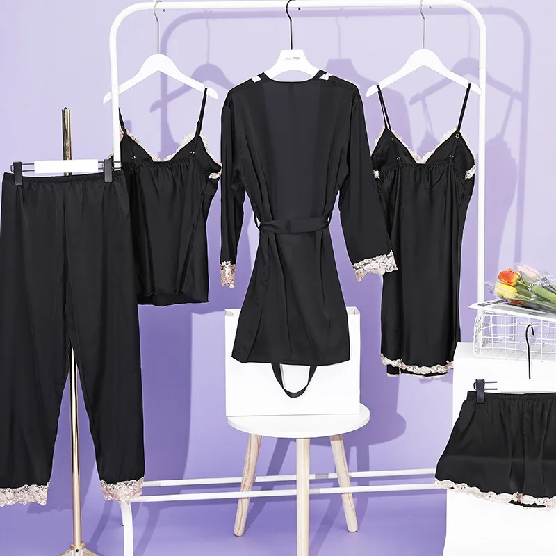 5 Piece Women's Pajama Set Lace Sexy Pajamas Nightdress Ladies Ice Silk Soft Comfort Set Spring Summer Homewear