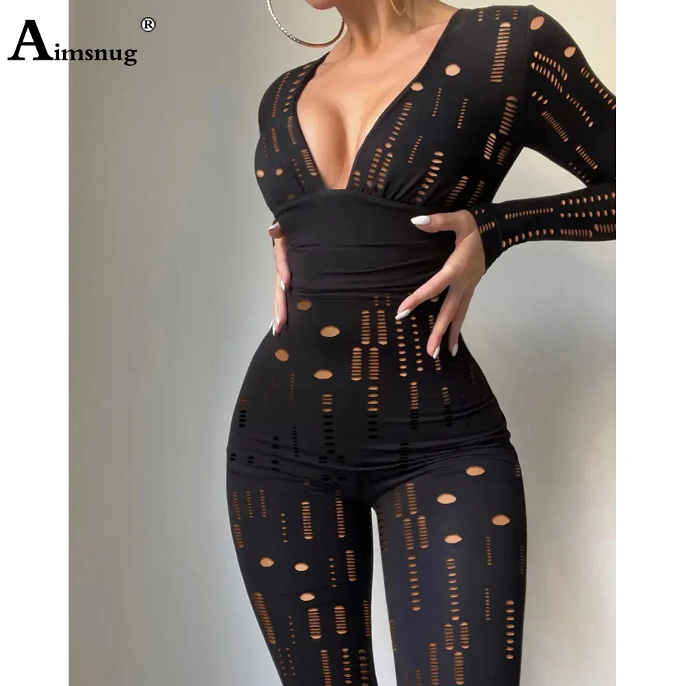 2022 European Style Fashion Erotic Fetish Jumpsuits Plus Size 3XL Women Long-sleeved Hollow Out Bodysuits Sexy V-neck Overalls