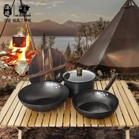 hx outdoors camping cookware 3 piece set drive trip iron pot camping frying pan cooking utensils portable forging soup pot