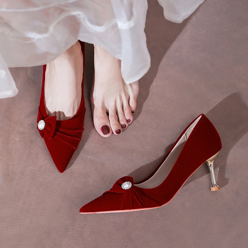 Женские замшевые туфли-лодочки винно-красные туфли на высоком каблуке-шпильке