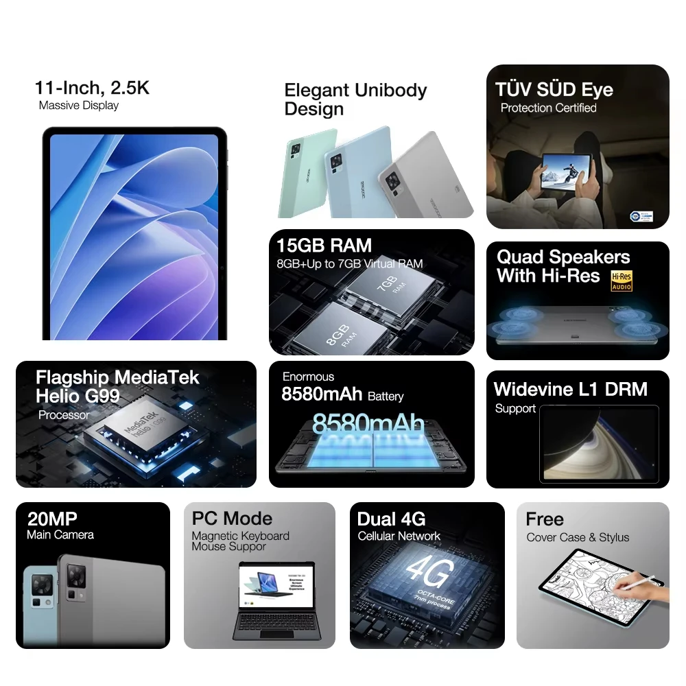 Фото Глобальная версия планшета DOOGEE T30 Pro 11'' с разрешением 2.5K, сертифицированным TÜV, высококачественными динамиками, аккумулятором Widevine L1 8580 мАч, 8 ГБ оперативной памяти и 256 ГБ встроенной памяти, Android №2