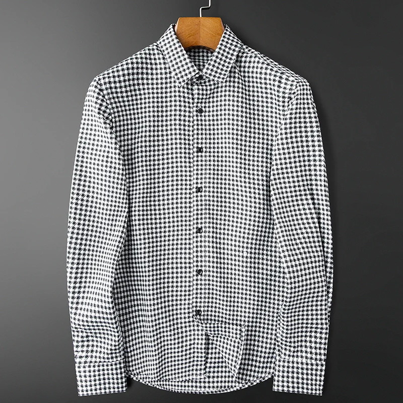 Light Luxury-grade Non-iron Anti-wrinkle Houndstooth Business Shirt Autumn Winter Men's Long-sleeve Korean Style Slim Shirts