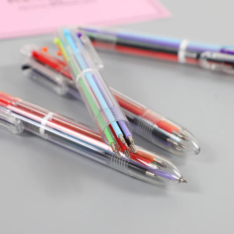 30 Pcs Wholesale Transparent Rod Six Color Oily Ball Pen Press Six Color Ballpoint Pens Students Learn Stationery